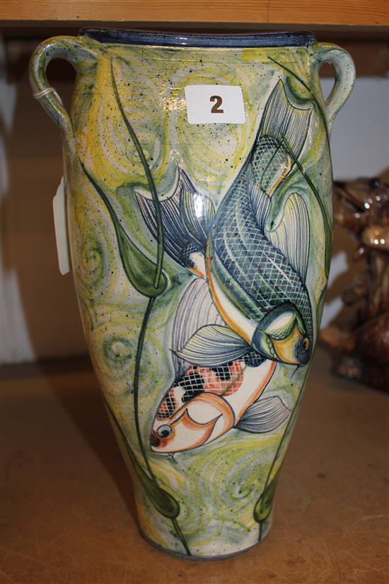 Adrian Brough studio pottery vase painted two carp among weeds, signed monogram and dated 04, H 12in